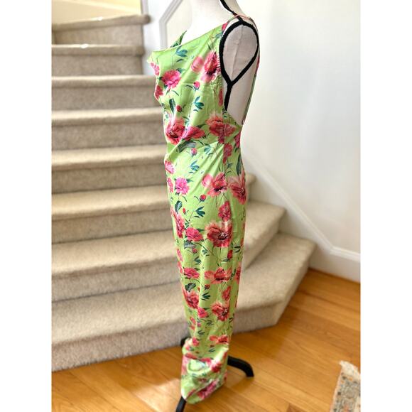 Pretty Little Thing Lime Green Pink Floral Satin Cowl Slip Dress - Picture 3 of 9